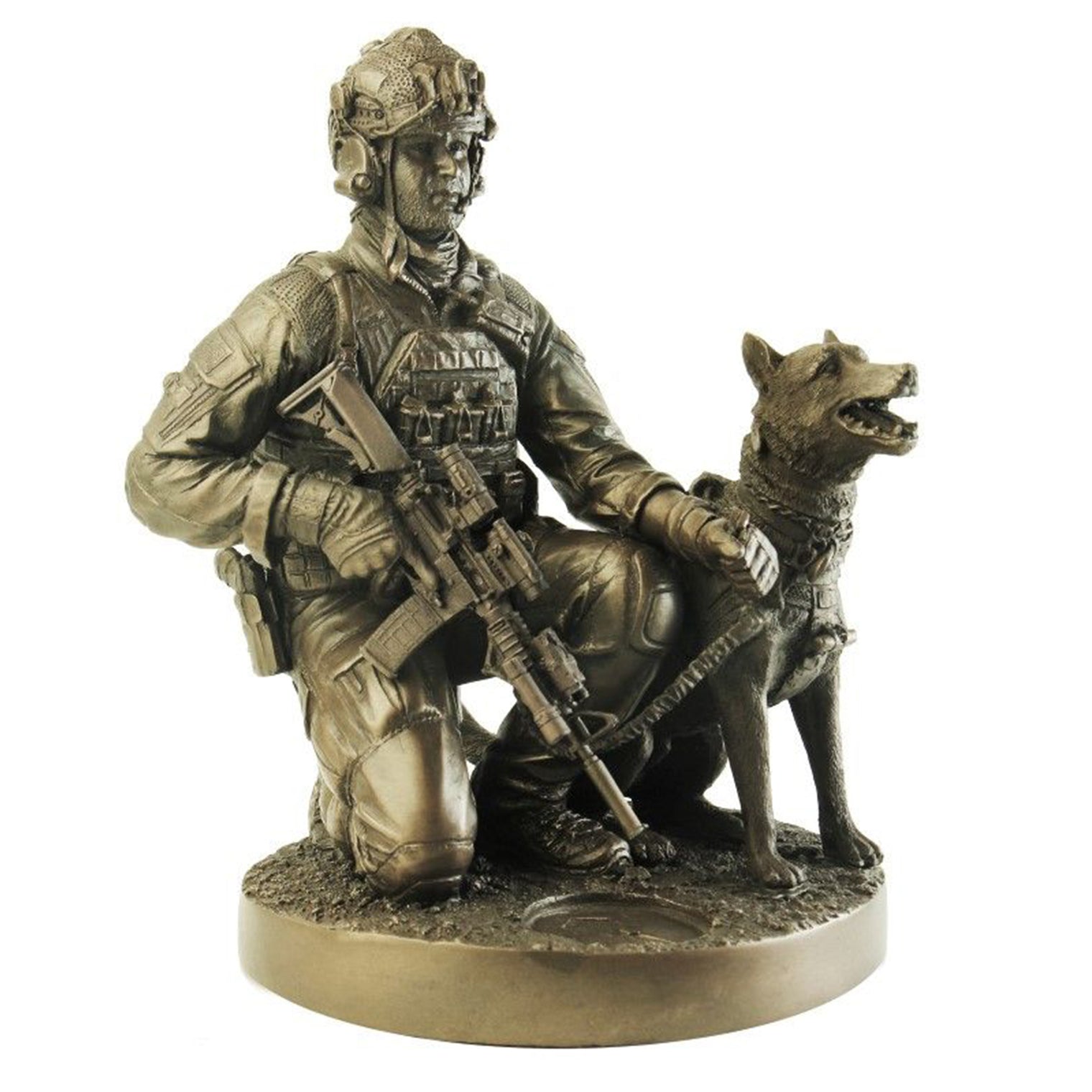 Naked Army Kneeling 'K9 Operator' Cold - Cast Bronze Figurine - Platatac