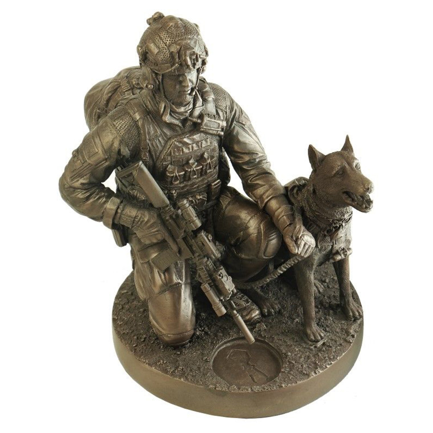 Naked Army Kneeling 'K9 Operator' Cold - Cast Bronze Figurine - Platatac